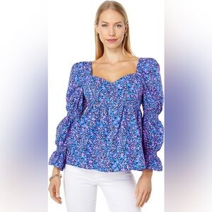 Lilly Pulitzer Preslee Long Sleeve Top Womens Plus Size 14 Blue Pink Floral